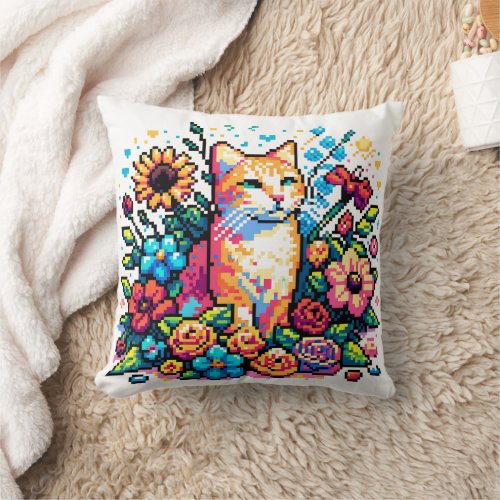 Pixel Art  Cat Sitting in Flowers   Throw Pillow