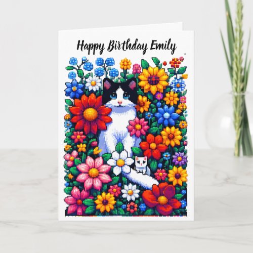 Pixel Art Cats and Flowers Personalized Birthday Card