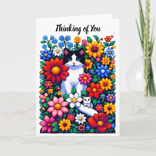 Pixel Art Cats and Flowers Thinking of You Card (Front)