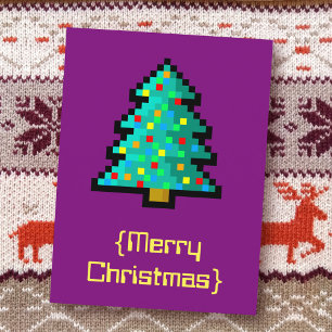 Pixel art Christmas tree green with decorations Holiday Postcard