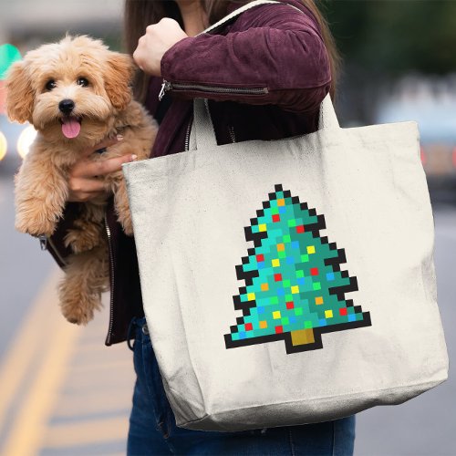 Pixel art Christmas tree green with decorations Large Tote Bag