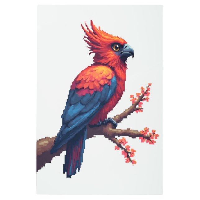 Pixel Art Crimson Glitch Bird Metal Poster (Front)