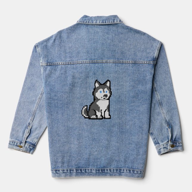 Pixel Art Curious Husky T-Shirt – Adorable Retro D Denim Jacket (Back)