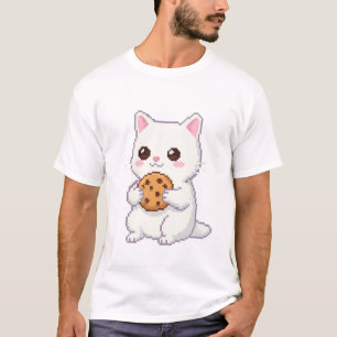 Pixel Art Cute Cat with Cookie - Adorable and Swee T-Shirt