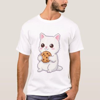 Pixel Art Cute Cat with Cookie - Adorable and Swee T-Shirt