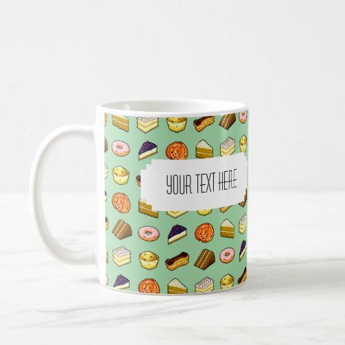 Pixel Art Delicious Cakes Pattern with Label Coffee Mug