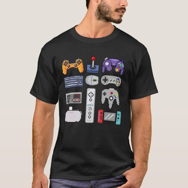 Pixel art game controllers gamepad gamers T-Shirt (Front)