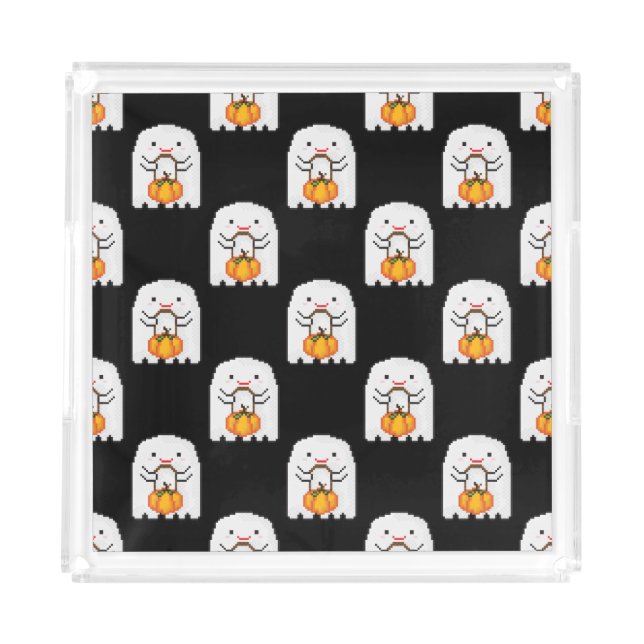 Pixel art ghost: Halloween pattern Acrylic Tray (Front)