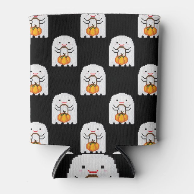 Pixel art ghost: Halloween pattern Can Cooler (Front)