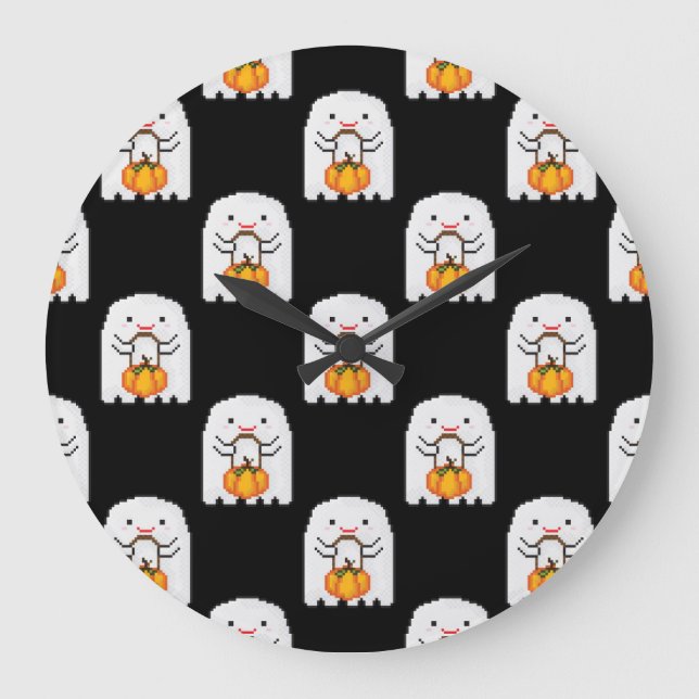Pixel art ghost: Halloween pattern Large Clock (Front)