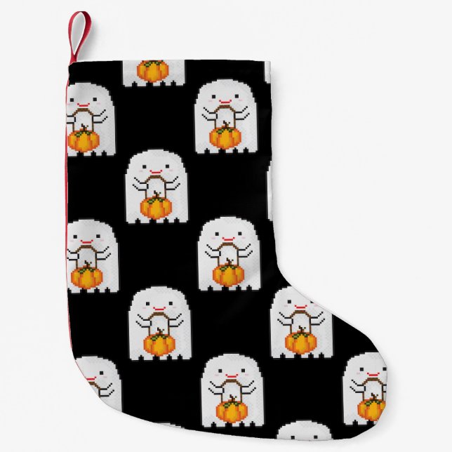 Pixel art ghost: Halloween pattern Small Christmas Stocking (Front)