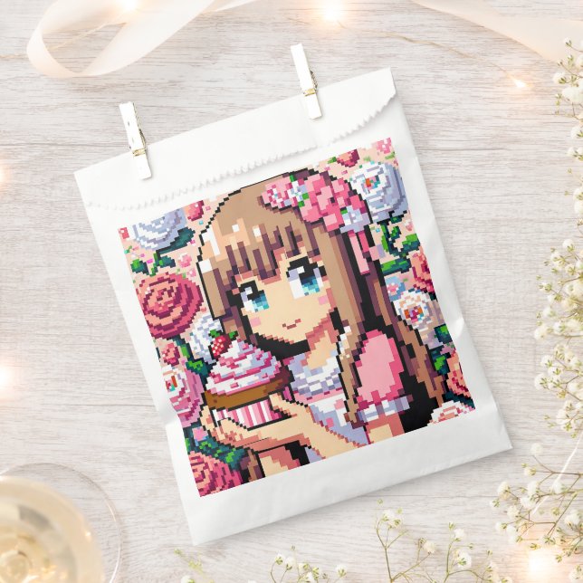 Pixel Art Girl's Pink Birthday Girl Favor Bag (Clipped)