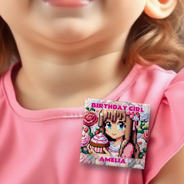 Pixel Art Girl's Pink Birthday Girl Personalized Button (Creator Uploaded)