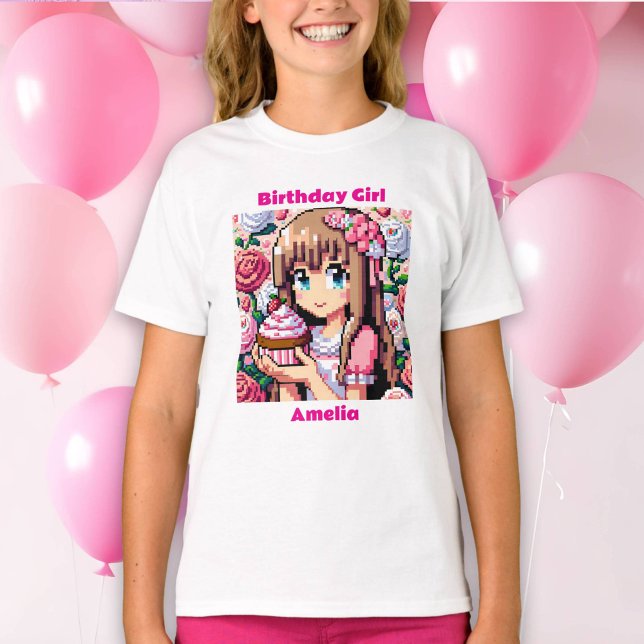 Pixel Art Girl's Pink Birthday Girl Personalized T-Shirt (Creator Uploaded)