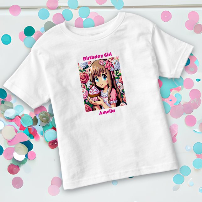 Pixel Art Girl's Pink Birthday Girl Personalized Toddler T-shirt (Creator Uploaded)
