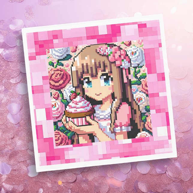 Pixel Art Girl's Pink Birthday Party Napkins (Creator Uploaded)