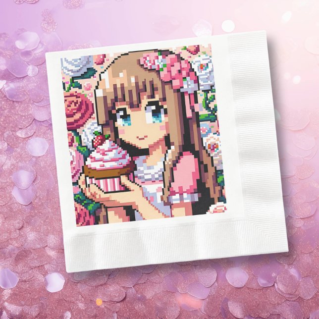 Pixel Art Girl's Pink Birthday Party Napkins (Creator Uploaded)