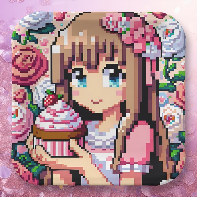 Pixel Art Girl's Pink Birthday Party Paper Plates (Creator Uploaded)