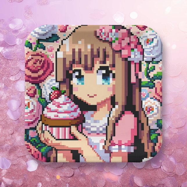 Pixel Art Girl's Pink Birthday Party Paper Plates (Creator Uploaded)