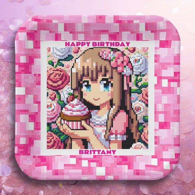 Pixel Art Girl's Pink Birthday Party Personalized Paper Plates (Creator Uploaded)