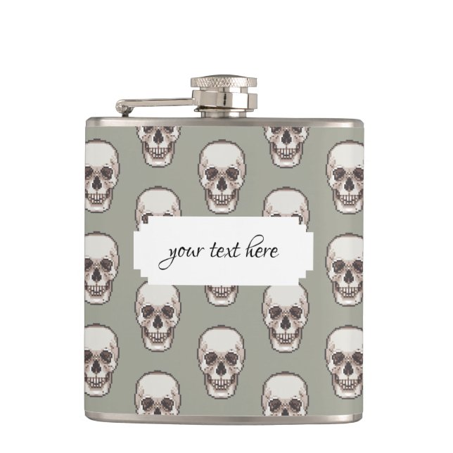 Pixel Art Gothic Spooky Skull Pattern Flask (Front)