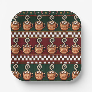 Pixel Art Hot Cocoa Christmas Pattern Paper Plates