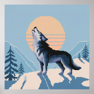 Pixel Art Howling Wolf at Sunset Poster