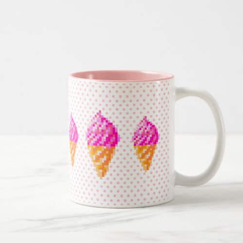 Pixel art ice cream cone pink with polka dots Two_Tone coffee mug