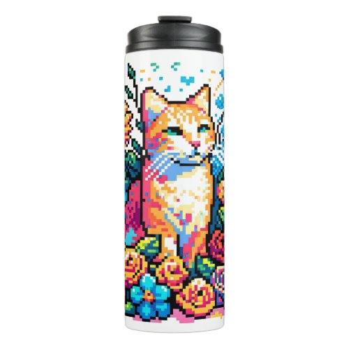 Pixel Art  Kitty Cat Sitting in Flowers Thermal Tumbler