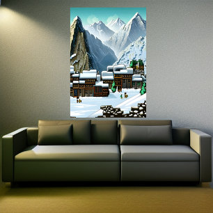 Pixel art, Mountain village in the snow    AI Art Poster