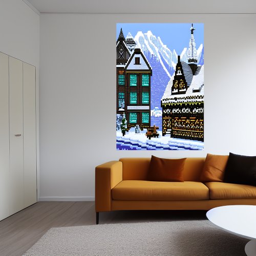 Pixel art Norwegian town snowy mountain  AI Art  Poster