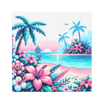 Pixel Art Ocean Pink and Blue Tropical Art