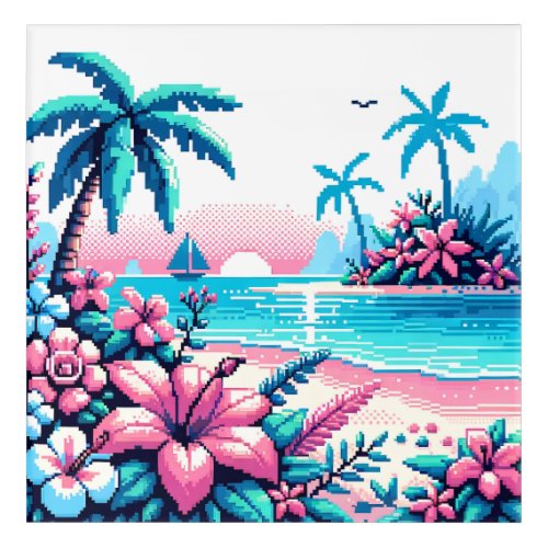 Pixel Art Ocean Pink and Blue Tropical Art