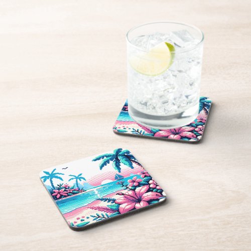 Pixel Art Ocean Pink and Blue Tropical Art Beverage Coaster