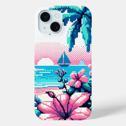 Pixel Art Ocean Pink and Blue Tropical Art iPhone 15 Case