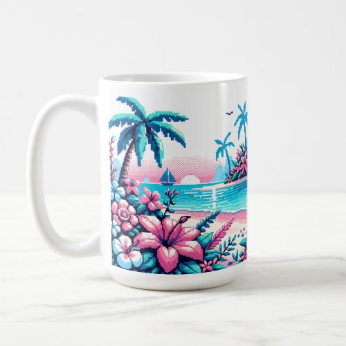 Pixel Art Ocean Pink and Blue Tropical Art Coffee Mug