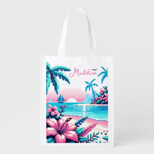 Pixel Art Ocean Pink and Blue Tropical Art Grocery Bag