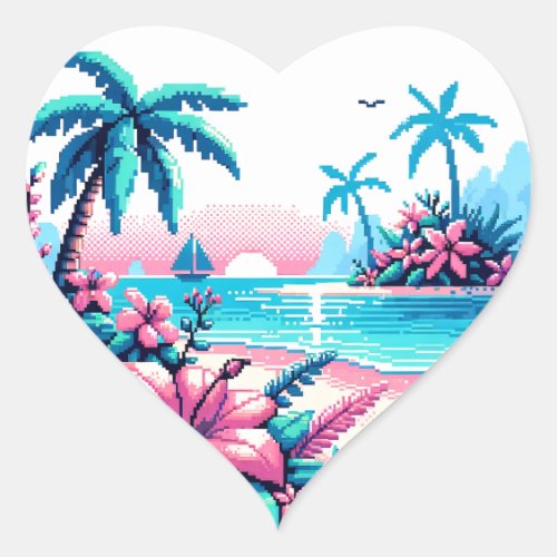 Pixel Art Ocean Pink and Blue Tropical Art Heart Sticker