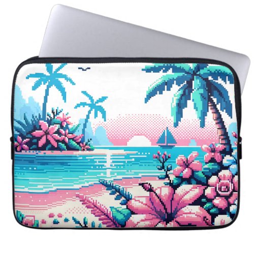Pixel Art Ocean Pink and Blue Tropical Art Laptop Sleeve
