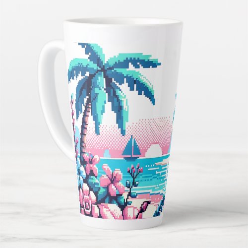 Pixel Art Ocean Pink and Blue Tropical Art Latte Mug
