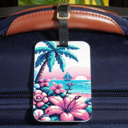 Pixel Art Ocean Pink and Blue Tropical Art Luggage Tag