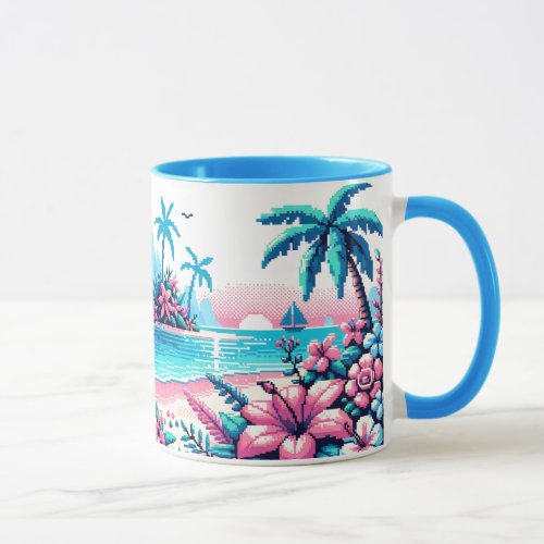 Pixel Art Ocean Pink and Blue Tropical Art Mug