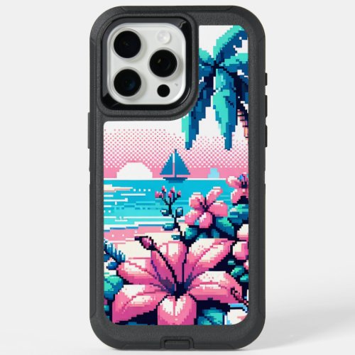 Pixel Art Ocean Pink and Blue Tropical Art iPhone 15 Pro Max Case