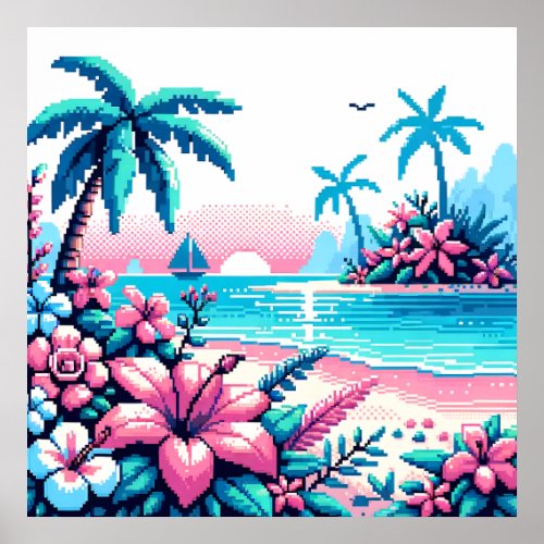 Pixel Art Ocean Pink and Blue Tropical Art Poster