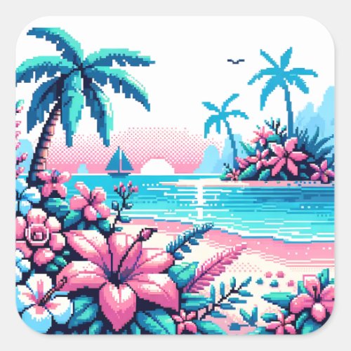 Pixel Art Ocean Pink and Blue Tropical Art Square Sticker