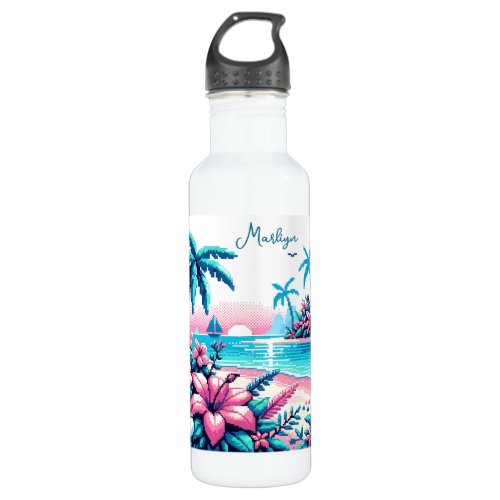 Pixel Art Ocean Pink and Blue Tropical Art Stainless Steel Water Bottle
