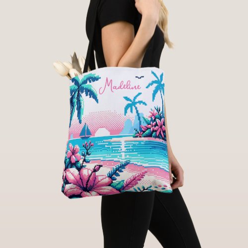 Pixel Art Ocean Pink and Blue Tropical Art Tote Bag