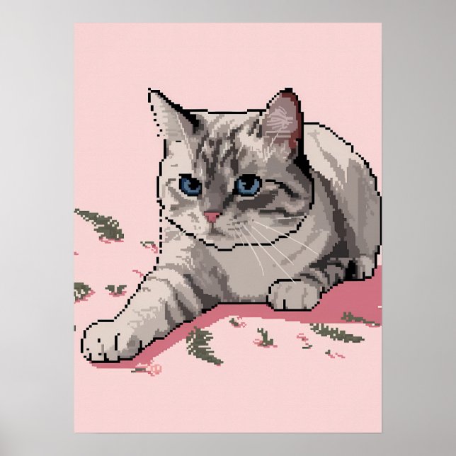 Pixel Art of Gray Ragdoll Cat with Blue Eyes Poster (Front)