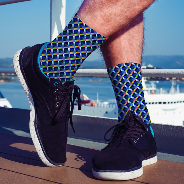    Pixel Art Plaid Modern Navy Blue Abstract Geeky Socks (Creator Uploaded)