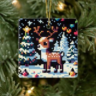 Pixel Art Reindeer in the Snow Christmas  Ceramic Ornament